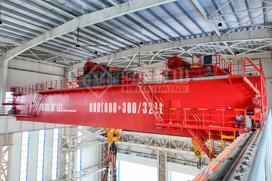 Henan Mine Crane 600 t double-trolley overhead crane installed in an offshore-equipment workshop